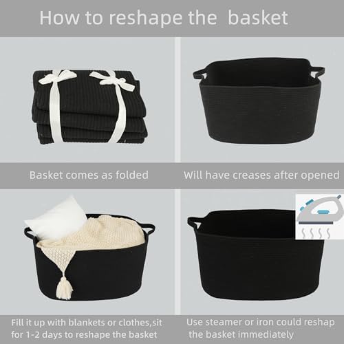 XUANGUO Large Rectangle Woven Cotton Rope Blanket Basket 22"x17"x12" Black - Image 7