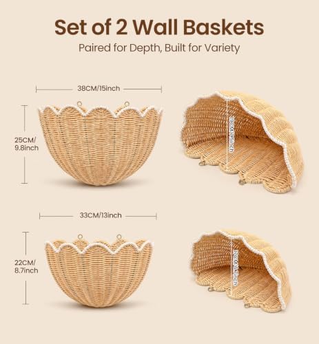 Scalloped Wall Basket 2 Pcs Hand Woven Wicker Hanging Basket Rattan Wall Decor - Image 2