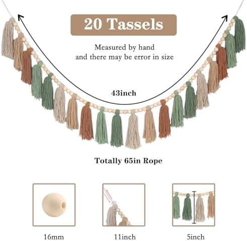 Sage Green Brown Boho Yarn Wood Bead Tassel Garland Wall Hanging Decor Neutral - Image 4