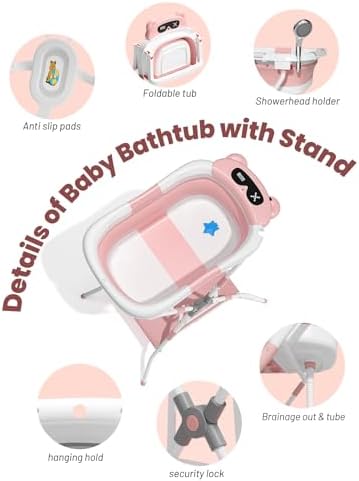 Baby Bathtub with Stand, Foldable Metal Standing Baby Bath Tub, 3-in-1 - Image 5