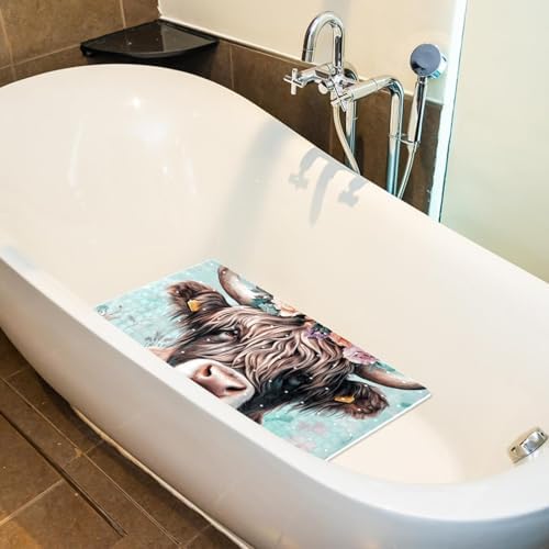 Shower Mat Non Slip 26.8 x 15.1 Inches, Highland Cow Floral Bathtub Mat Shower - Image 5