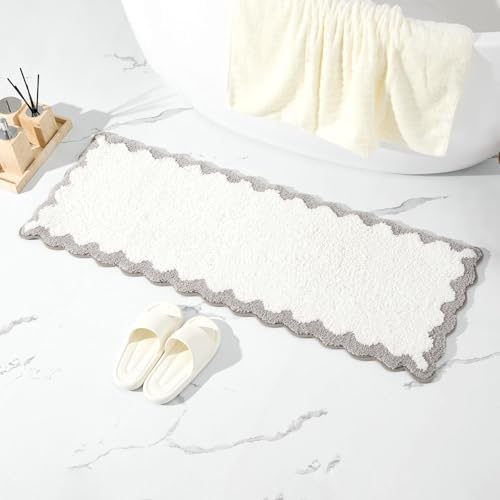 ORTIGIA Long Cute Scalloped Bathroom Rugs Runner, Fun White and Gray Plush by ORTIGIA