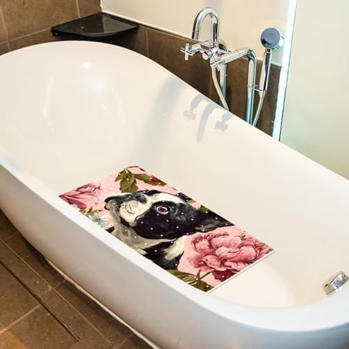 Bathtub Mat Non Slip 26.8x15.1In, Pug Flower Bath Mat - Image 5