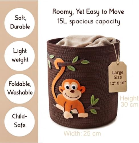 Animal Basket for Nursery Storage, Woven Cotton Rope Bin - Image 3