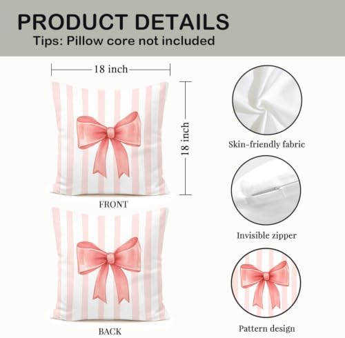 Coral Bow Decorative Throw Pillow 18x18 Inch – Cute Blush Pink Striped Pillow - Image 2