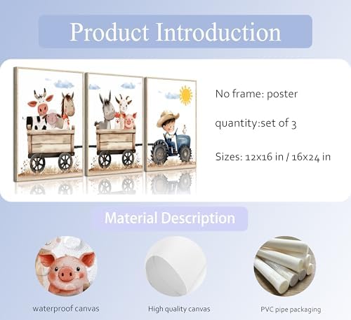 3Pcs Cute Farm Animals Wall Art Nursery Cartoon Watercolor Animal Painting - Image 3