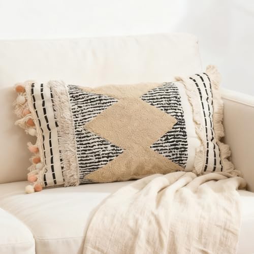 1Pc Boho Textured Lumbar Pillow Cover 12x 20, Diamond Woven Tufted Farmhouse by RinRinfam