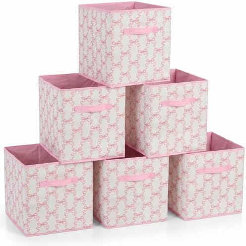 6 Pcs Pink Bow Cube Storage Bins 12.5 Inch Storage Basket by BBSET
