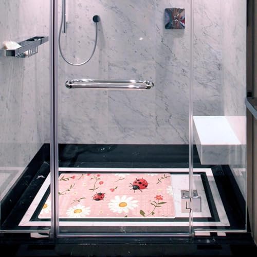Shower Mat Non Slip 26.8 x 15.1 Inches, Ladybugs Daisies Bathtub Mat Shower - Image 6