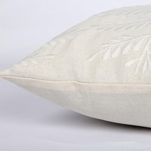 Embroidered Throw Pillow Cover 12x 20, Classical Boho Leaves Natural Linen - Image 4