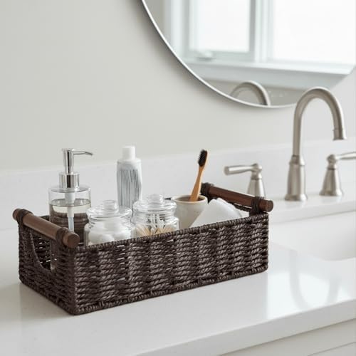 CubesLand Wicker Toilet Storage Basket Tray Organizer W/Cut Out Handle - Image 5