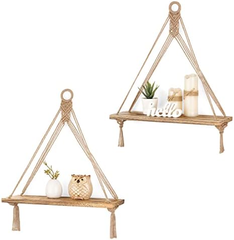 Mkono Macrame Hanging Shelves Boho Wall Decor Set of 2 Floating Wood Shelf by Mkono