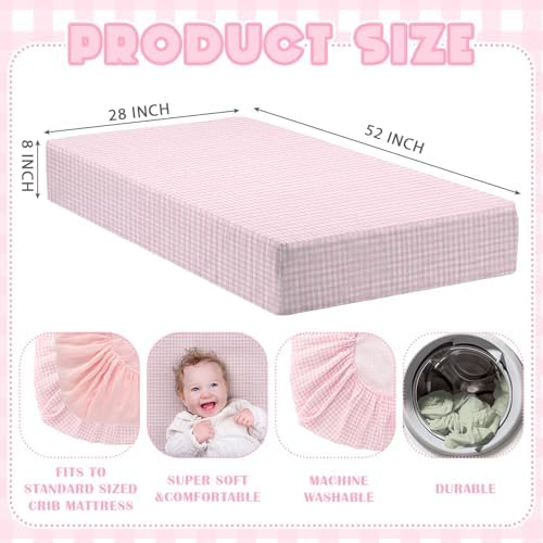 Breling 2 Pcs Muslin Pink and Pink Gingham Crib Sheets - Image 2