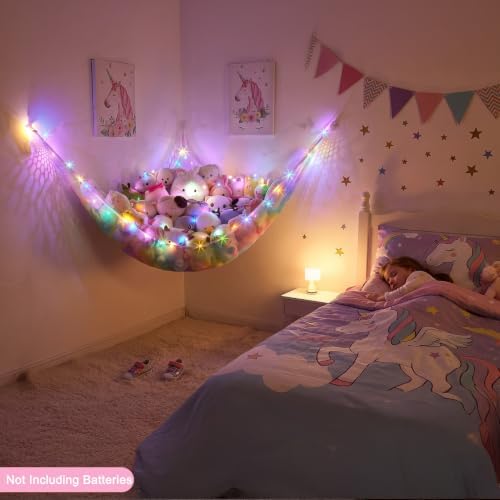 Stuffed Animals Hammock with LED Light Toy Net Room Decor Corner Storage - Image 3