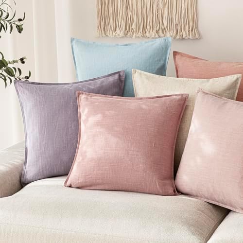 Foindtower Linen Solid Decorative Throw Pillow Covers 22x22 Inch Rose Pink - Image 5