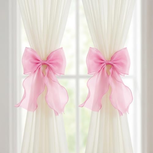 2 Pack French Lace Bow Curtain Tiebacks, Rose Pink by GAJILON
