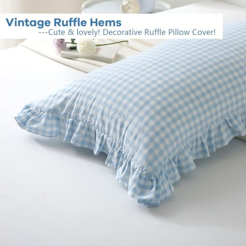 Light Blue White Gingham Ruffle Body Pillow Cover 20"x54" - Image 4
