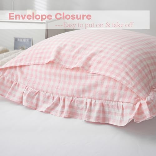 2 Pack Blush White Gingham Ruffle Pillow Shams King Size 20"x36" - Image 4