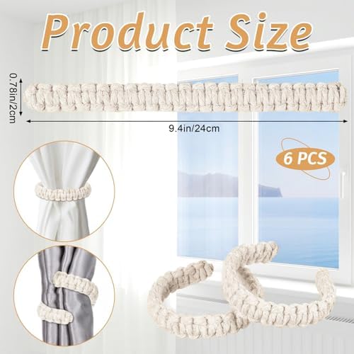 Ptwola 6 Pack Braided Curtain Tiebacks Boho Elegant Rustic Curtain Holdbacks - Image 2