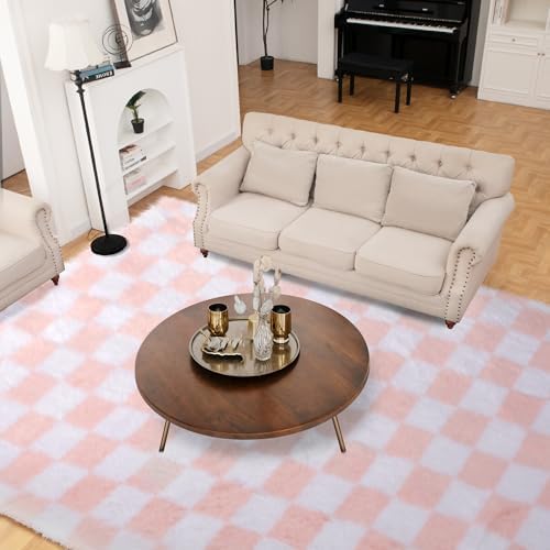 Super Soft Rug for Bedroom, 4x6 Ft Pink and White Area Rug Classic Checkered - Image 2