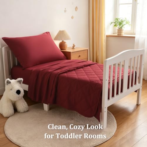 BEDSUM 4pc Toddler Cooling Bedding Set, Rayon Made from Bamboo, Wine Red - Image 2
