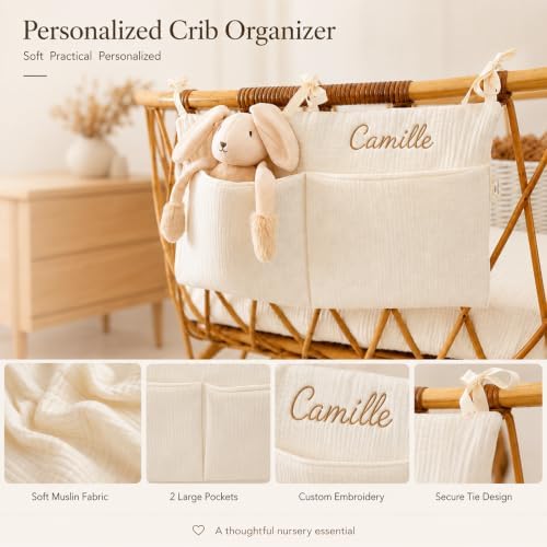 Personalized Hanging Crib Organizer Cotton Muslin Diaper Caddy - Image 5