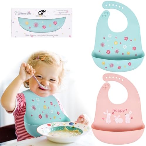 2 Pack Silicone Baby Bibs Adjustable Fit Waterproof Bib by BebeFavour