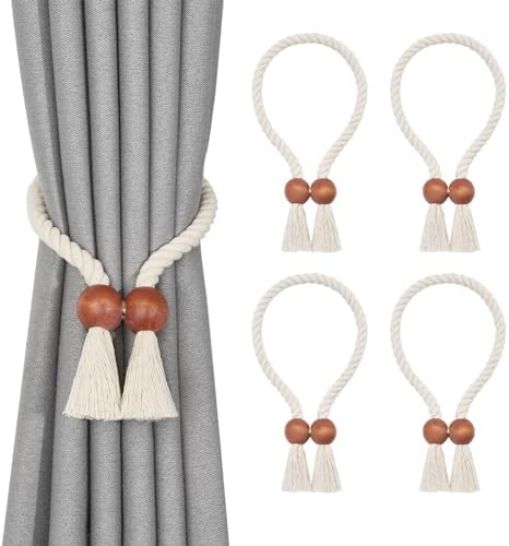 NICEEC 4 Pack Wooden Ball Magnetic Curtain Tiebacks Boho Home Decor Drape Tie by NICEEC