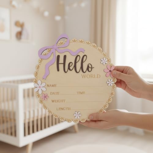 Hello World Wooden Baby Birth Announcement Sign, Baby Girl Nursery Decor Photo - Image 6
