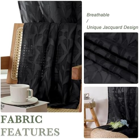Lecloud Leia Black Sheer Curtains 72 Inches Long 2 Panels, Jacquard Leaf - Image 5
