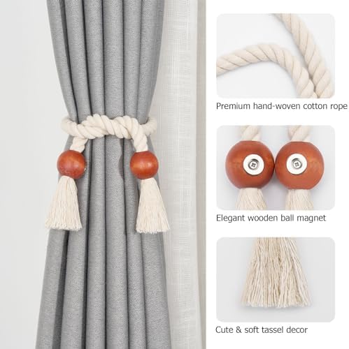 NICEEC 4 Pack Wooden Ball Magnetic Curtain Tiebacks Boho Home Decor Drape Tie - Image 3