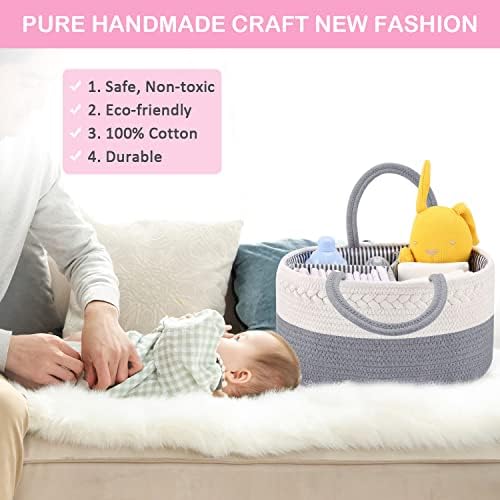 ABenkle Diaper Caddy Organizer, Boho Rustic Cotton Rope Nursery Baby Basket - Image 2