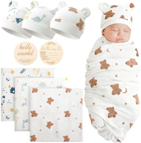 DRESHOW BQUBO Cotton Baby Swaddle Hat Set Newborn Infant Receiving Blankets by DRESHOW