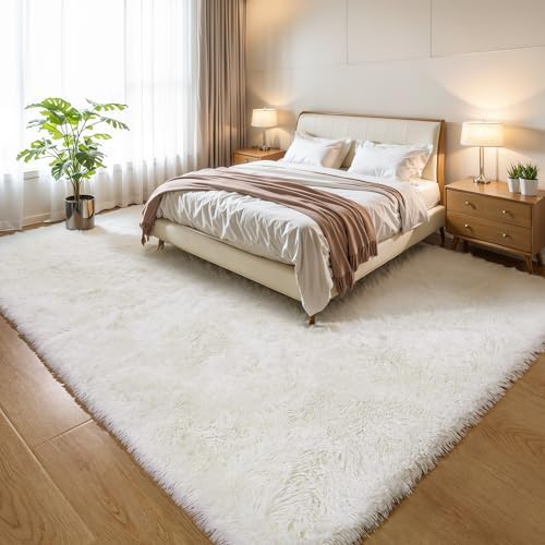 6x9 Cream White Shag Rug for Bedroom, Soft Plush Fluffy Carpet by KICHOWUA