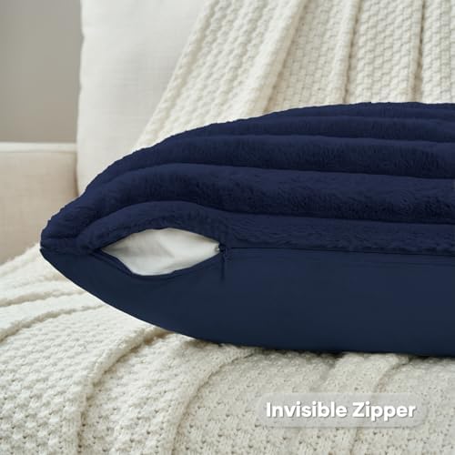 FUTEI Pack of 2 Faux Fur Throw Pillow Covers 12x20 Inch, Dark Navy - Image 3