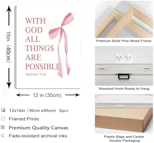 Coquette Pink Bow Canvas Wall Art Set of 3, Inspirational Bible Verses Decor - Image 3