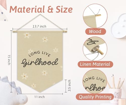 Girl Nursery Decor, Long Live Girlhood Linen Canvas Banner, Neutral Floral Wall - Image 4