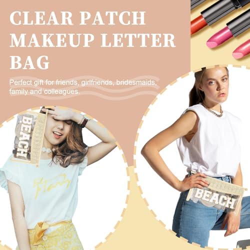 Iqimott Boho Patch Stuff Bag Clear Makeup Letter Bag, Waterproof Zipper Make up - Image 5