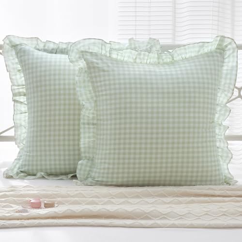 2 Pack Pile Green Gingham Euro Sham Pillow Covers 26''x26'' by KMASANIJI