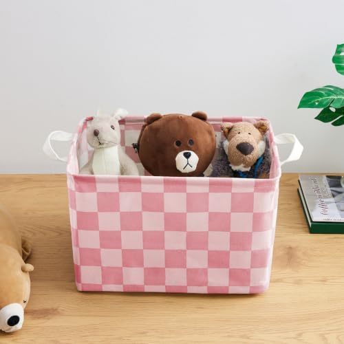 Ohocut Pink Coral Checkered Canvas Basket, Rectangular Organizing Decorative - Image 4