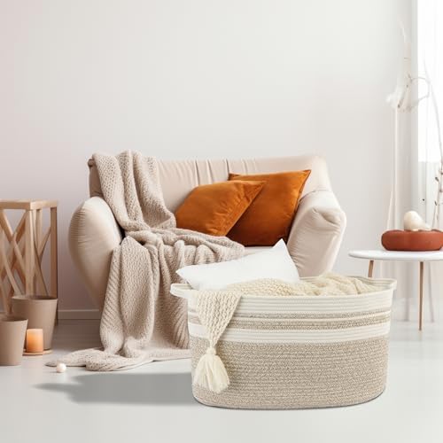 XUANGUO Large Woven Cotton Rope Blanket Basket 22"x17"x12" White Brown - Image 5
