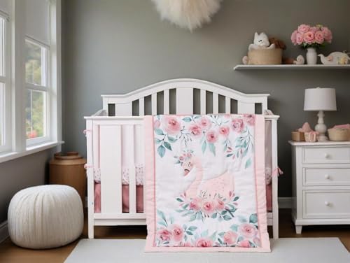 Animals 3pcs Baby Crib Bedding Set Pink Nursery Bedding Set - Image 3