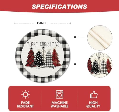 Artoid Mode Waterclor Buffalo Plaid Christmas Trees Merry Xmas Round Placemats - Image 6