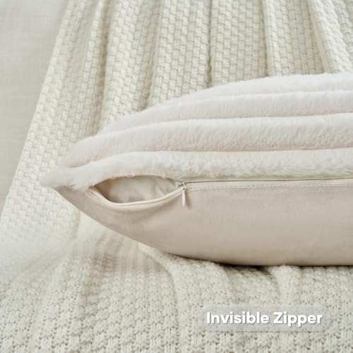 FUTEI Pack of 2 Faux Fur Throw Pillow Covers 12x20 Inch, Light Beige - Image 3