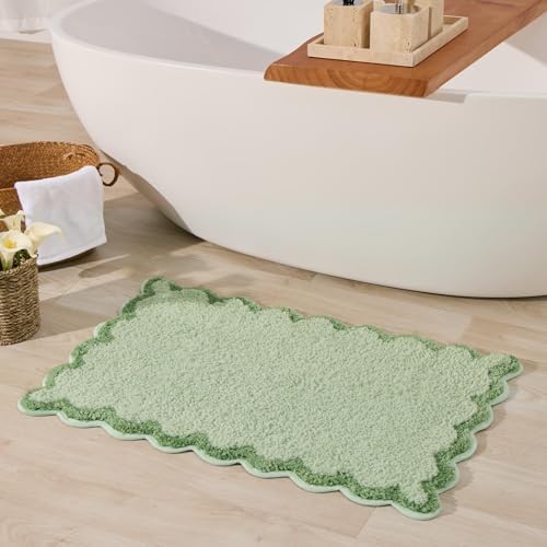 ORTIGIA Cute Green Scalloped Bath Mat, Fun Plush Microfiber Scallop Bathroom by ORTIGIA