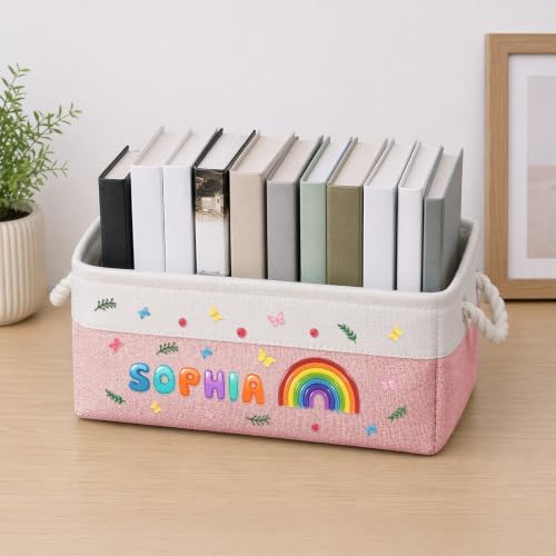 Macorner Personalized Rainbow Name Storage Basket, Custom Kids Book Storage Bin by Macorner