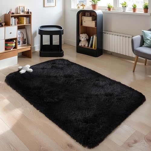3x5 Thick Black Fluffy Shag Rug by KICHOWUA