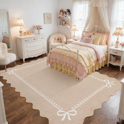 Garvee Scalloped Bow Rug for Living Room Washable Solid Camel 5x7 Area Rugs - Image 4