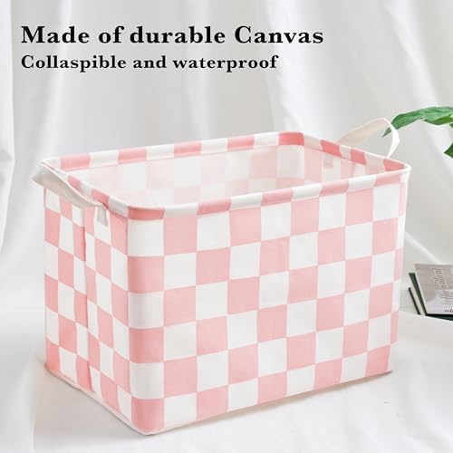 Ohocut Pink White Checkered Canvas Basket, Rectangular Organizing Decorative - Image 5