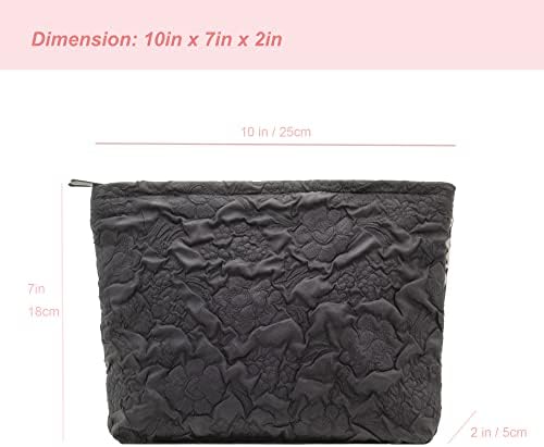 Flat Makeup Bag for Women, Zipper Cosmetic Pouch for Purse, Flower Black - Image 2